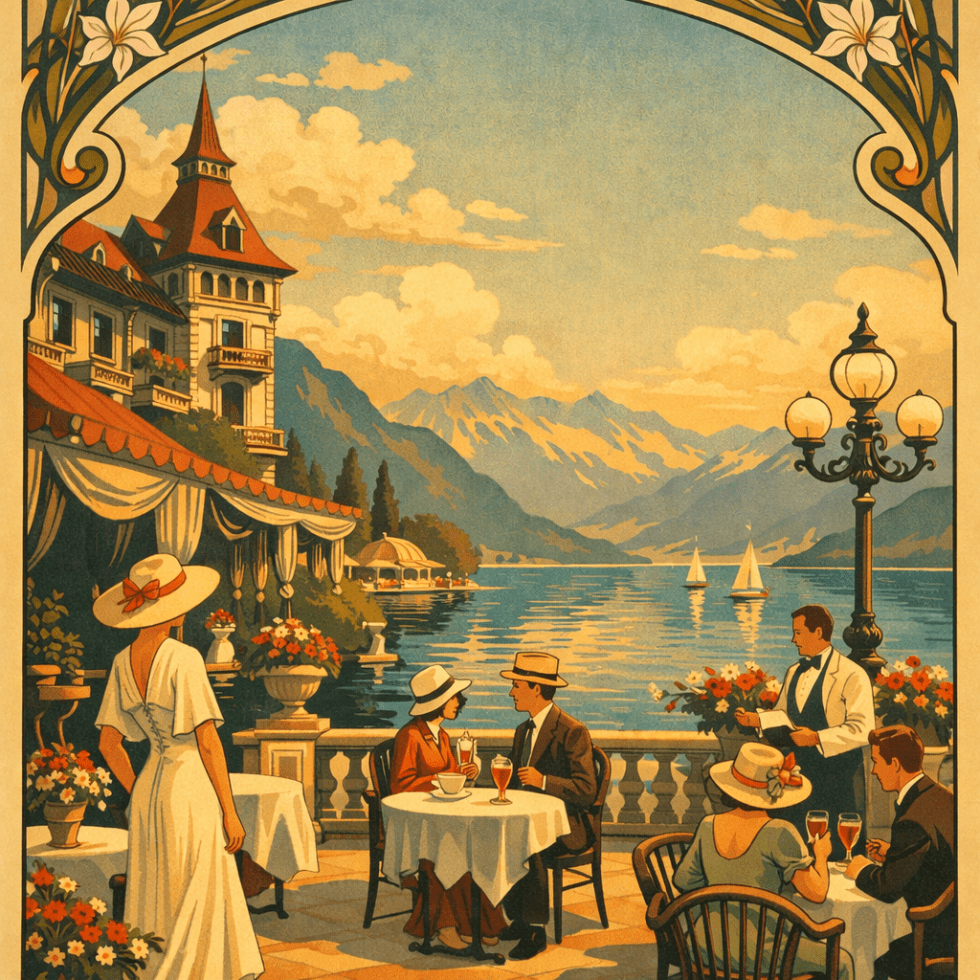 Couples dining outdoors at tables with lake and mountains in the background