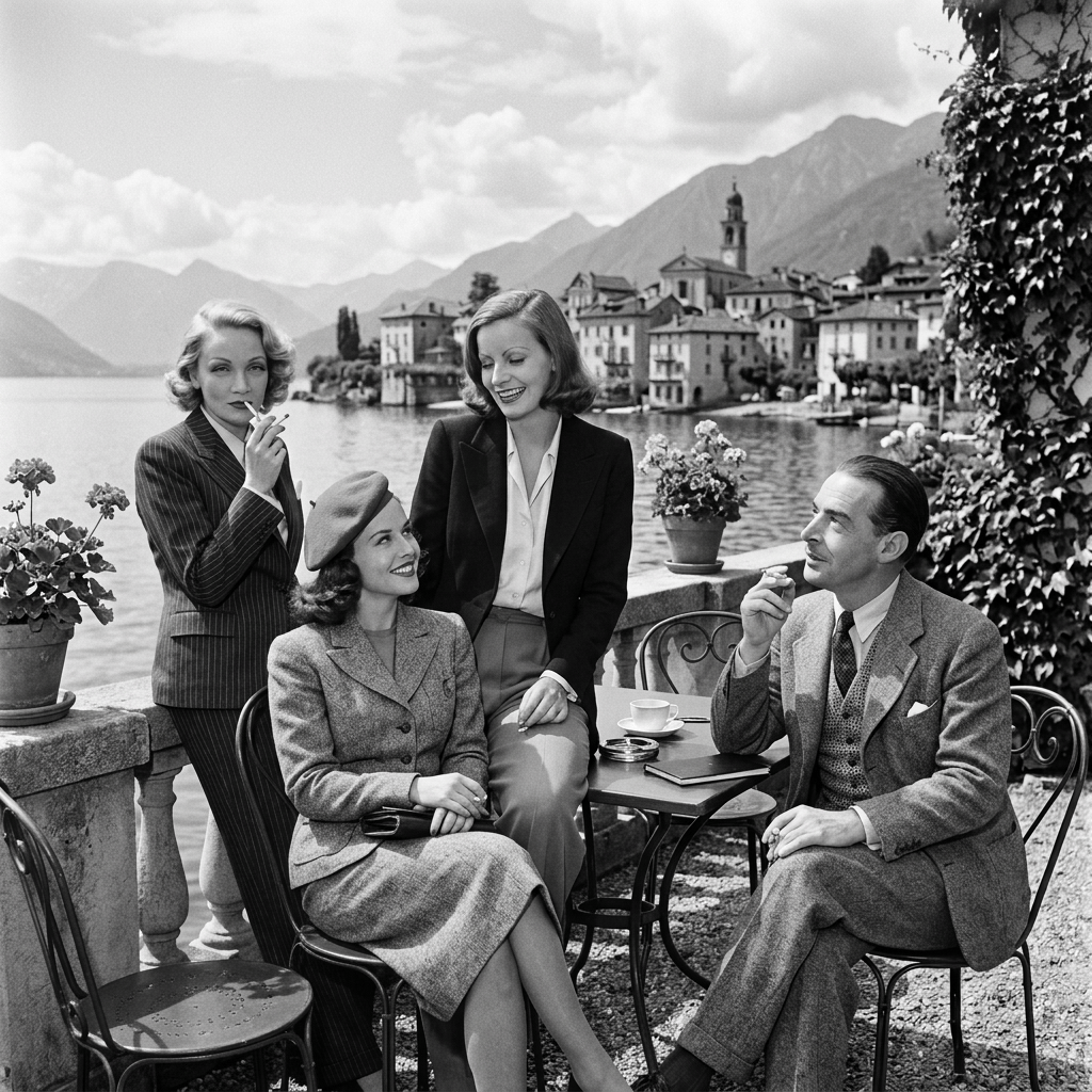 Three people in vintage clothing relaxing at a lakeside café in front of a mountain village