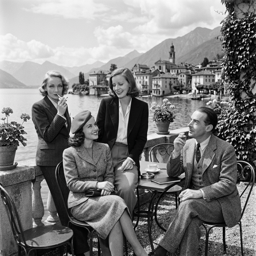 Three people in vintage clothing relaxing at a lakeside café in front of a mountain village