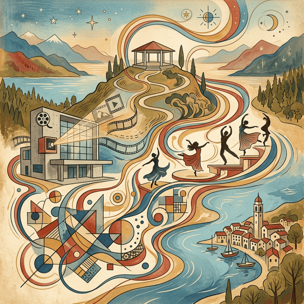Surreal illustration combining mountains, cinema, dance, architecture, and a coastal village